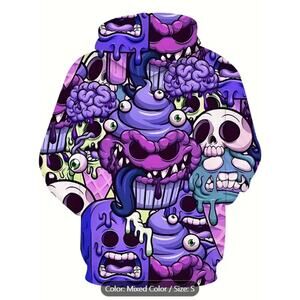 Men’s Graphic Horror Hoodie – Medium Size, Monster Cupcake, Skull Brain Pullover
